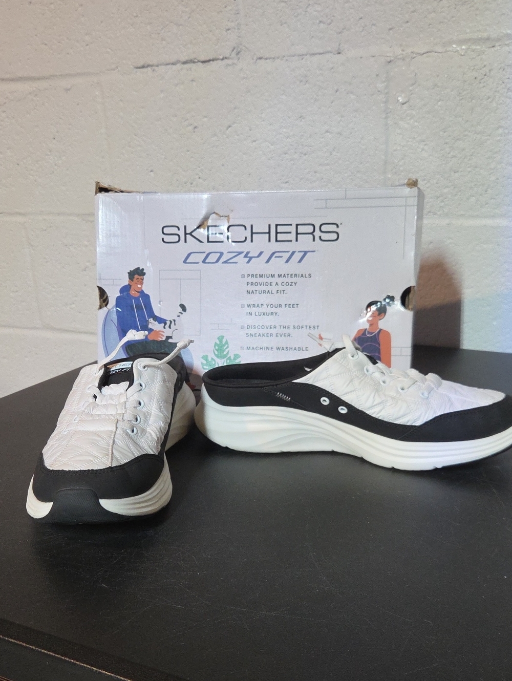 Skechers Womens  White and Black Cozy-Fit Sweet Embrace Slip-On Sneakers